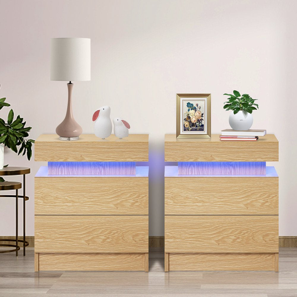 2 Drawer Modern Nightstand with RGB LED Light High Gloss Bedside Tables for Bedroom Wood Color