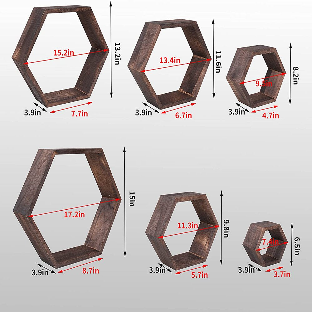 Hexagon Floating Shelves，Large Size Wall Mounted Wood Farmhouse Storage Honeycomb Wall 6 of Shelves , Hexagonal Decor Wall Shelves for Bedroom, Living Room, Office, Brwon