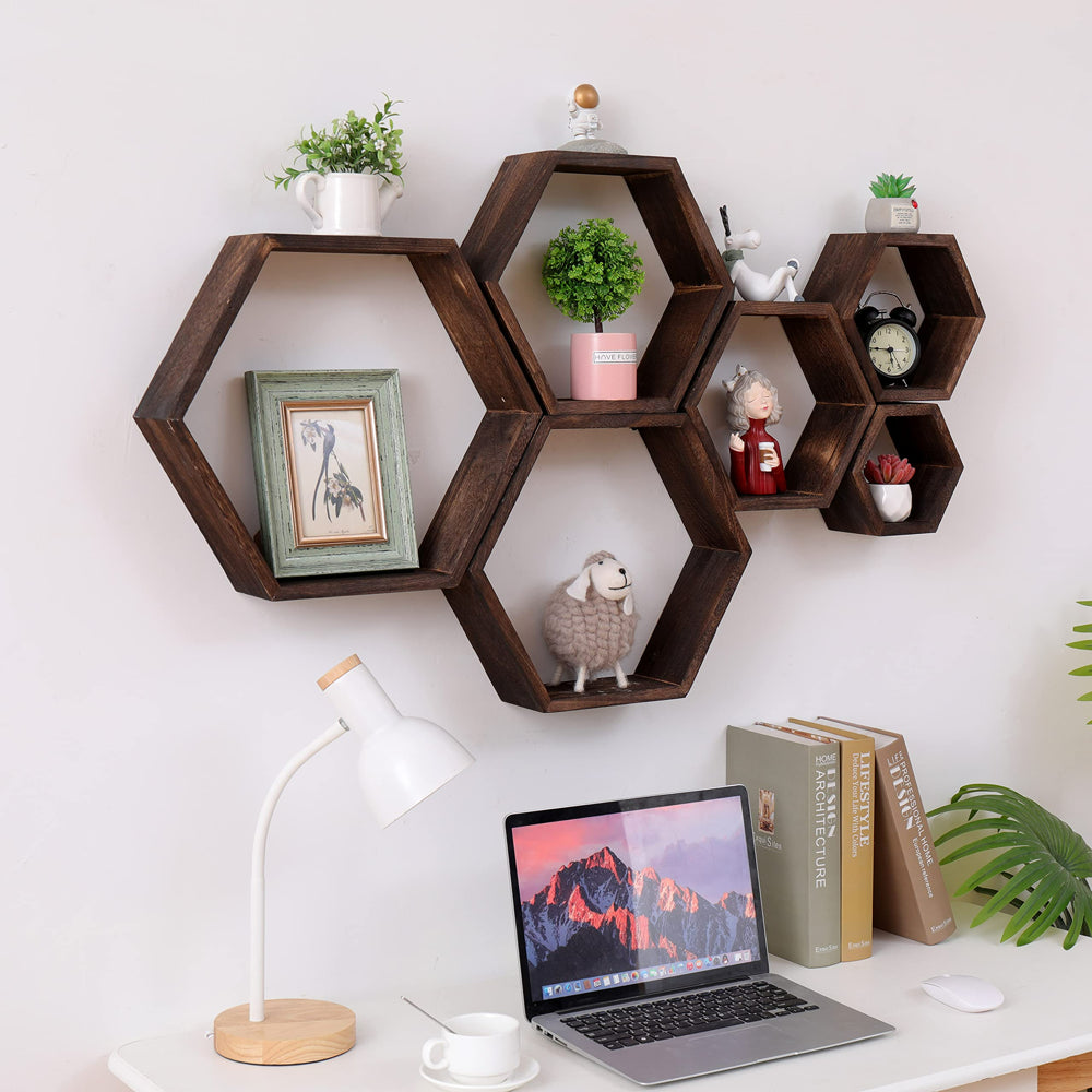 Hexagon Floating Shelves，Large Size Wall Mounted Wood Farmhouse Storage Honeycomb Wall 6 of Shelves , Hexagonal Decor Wall Shelves for Bedroom, Living Room, Office, Brwon